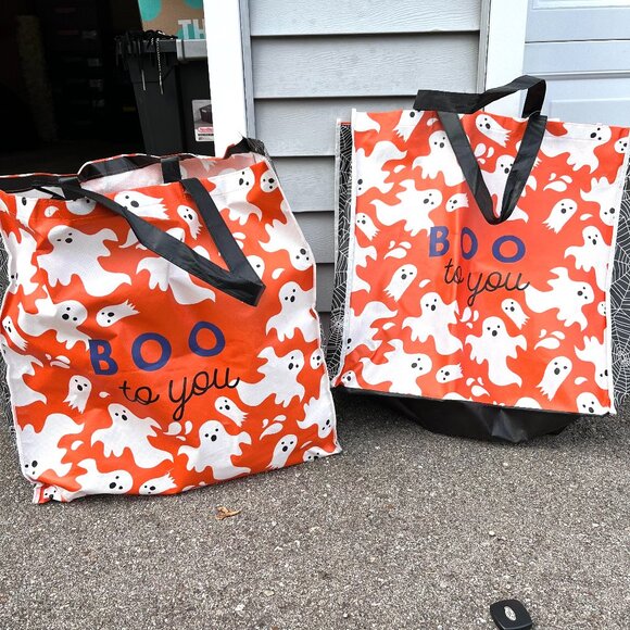 ❤️3/$30! 2 XL Halloween Tote Bag Ghost Orange Spiderweb Large Storage Shopping - Picture 1 of 6